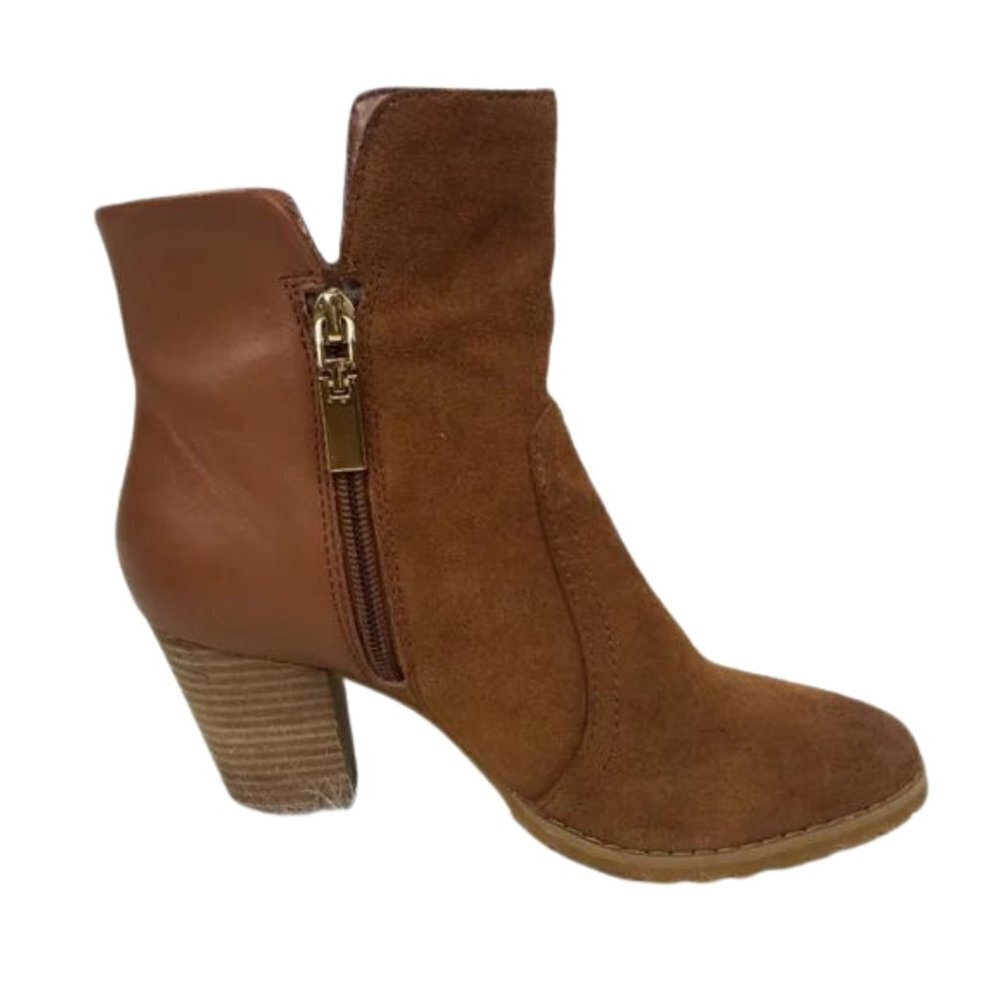 Tahari Cognac Suede Leather Block Heel Ankle Boots Size 6